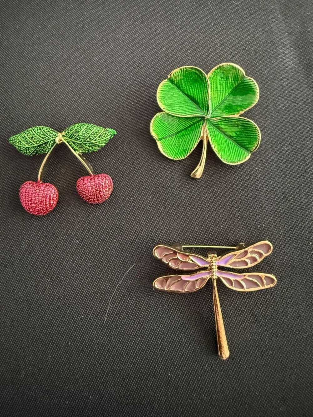 Lucky Charms Brooch Trio – Cherry, Four-Leaf Clover & Dragonfly Enamel Pins, Gol